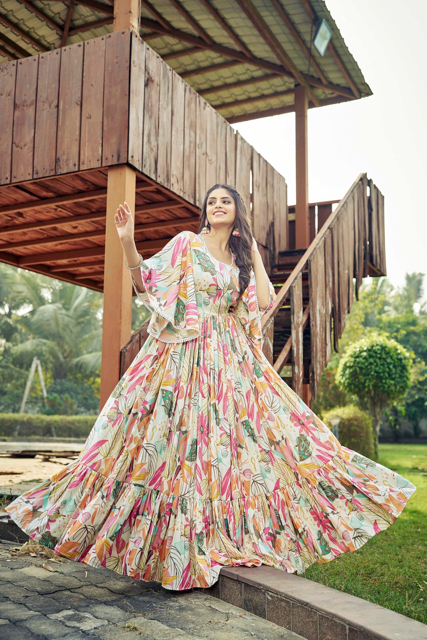 Samprag Rayon Gown for Women | Full Length | Printed | Fit & Flare | Flared & Bell Sleeves | Round Neck | Ethenic Dress | Ideal for Casual, Wedding & Party | Off-White & Sky Blue | S
