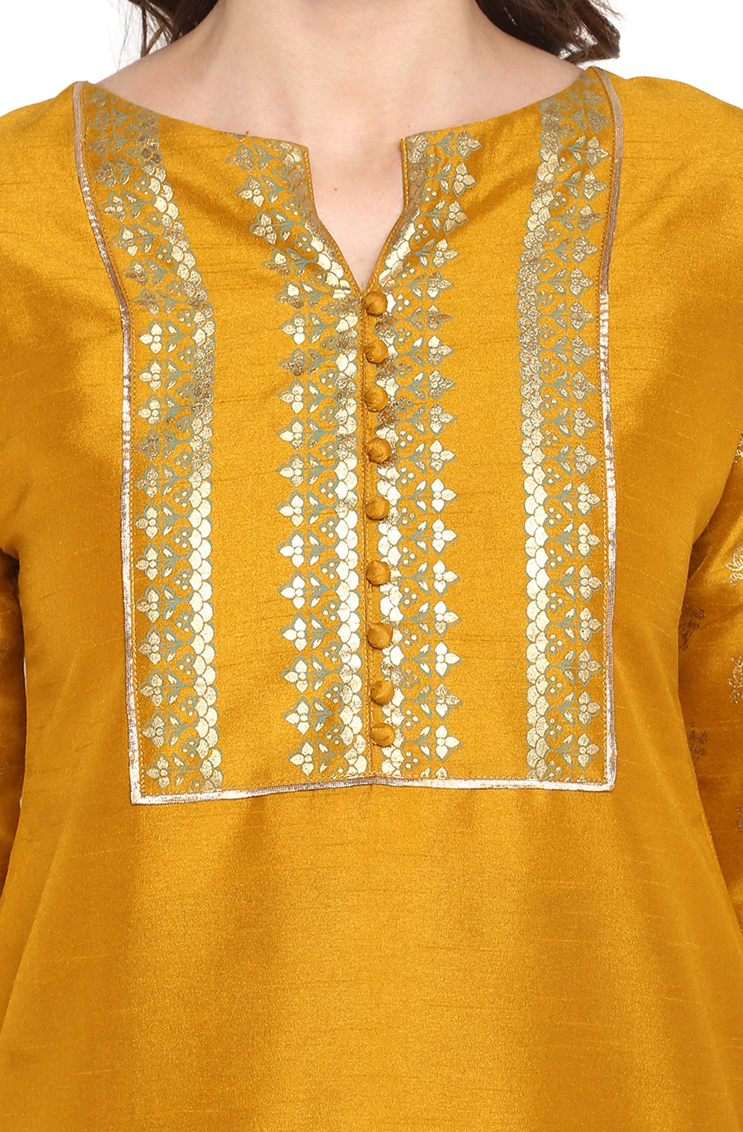 Janasya Women's Mustard Silk Blend Foil Printed Kurta with Palazzo(J0003-SET-XL)