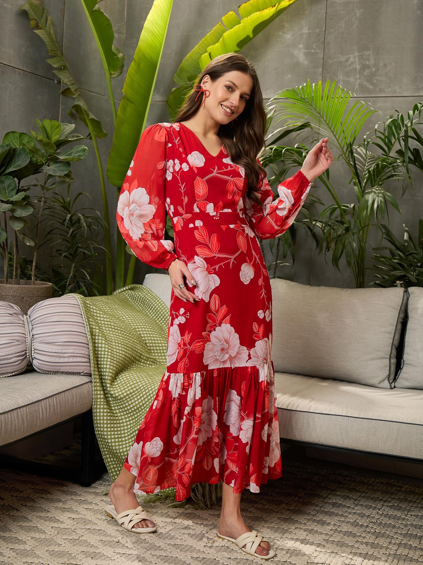 SASSAFRAS Red Floral Baloon Sleeve Midi Dress