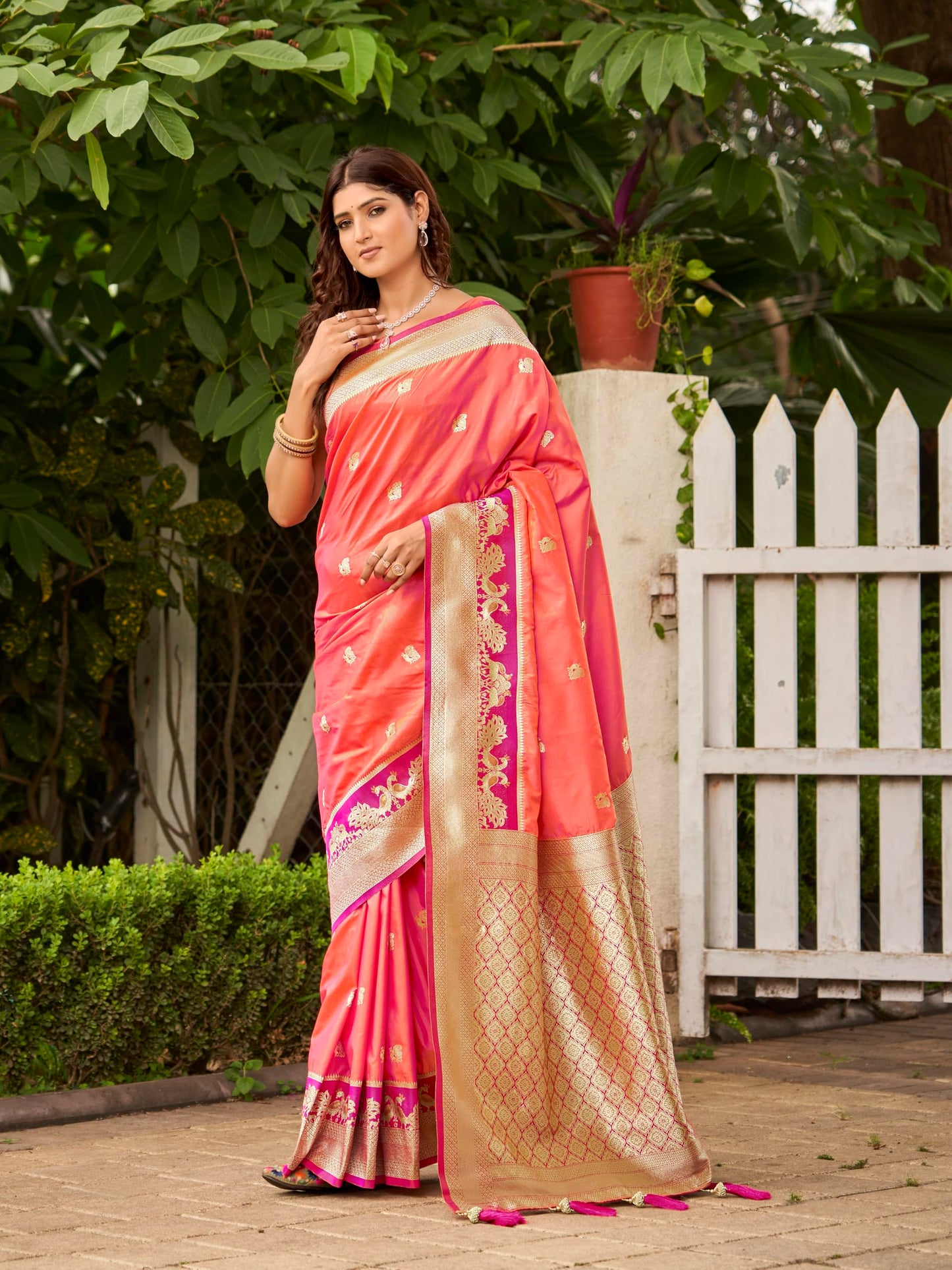 MANOHARI Women's Most Trendy Banarasi Satin Silk Woven Coral Orange Animal Design Pattern Pattern Saree With Heavy Jacquard Work Saree With Blouse Piece_MN2040