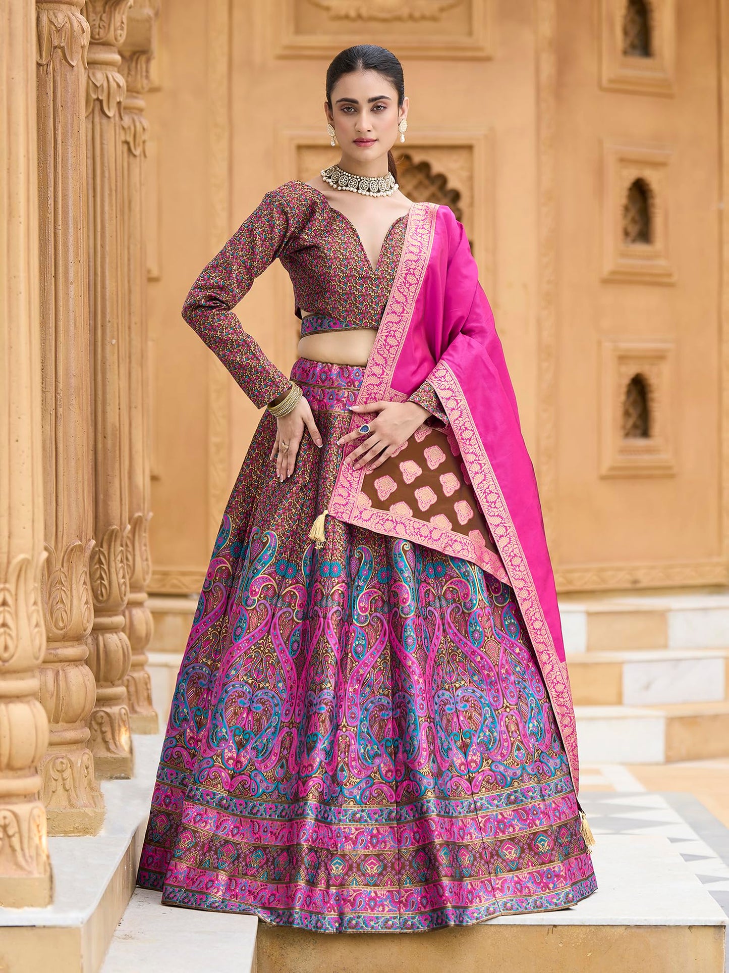 PURVAJA Women's Kanjiwaram Semi-Stitched Lehenga choli (Zahira-Brown_Free Size)