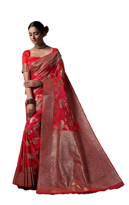 Vardha Women's Banarasi Satin Silk Saree with Blouse Piece, Zari Woven Pink Sari Vishika, 699