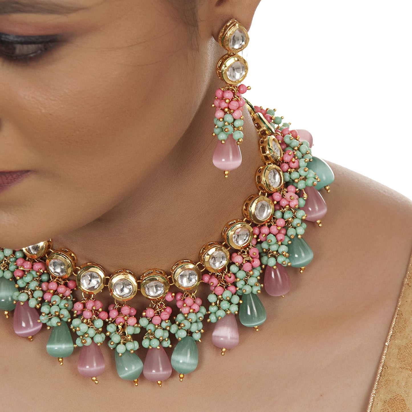 Lucky Jewellery Back Meenakari 18k Gold Plated Multicolor Tika Earring Combo Jewellery Set Uncut Kundan Big Faux Kundan Dibbi Kundan Choker Necklace Set for Girl's & Women