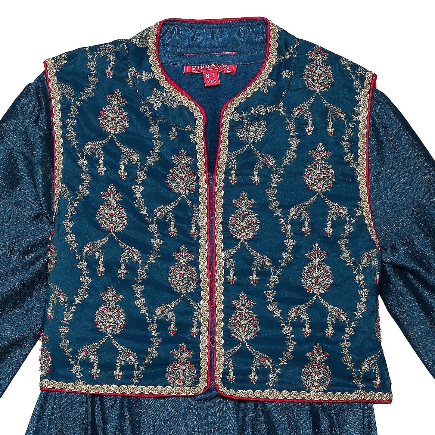 BIBA Girl's Polyester Blend Kurta, Churidar, Dupatta, Jacket (KWNTBLO6188AW24TEAL_Teal