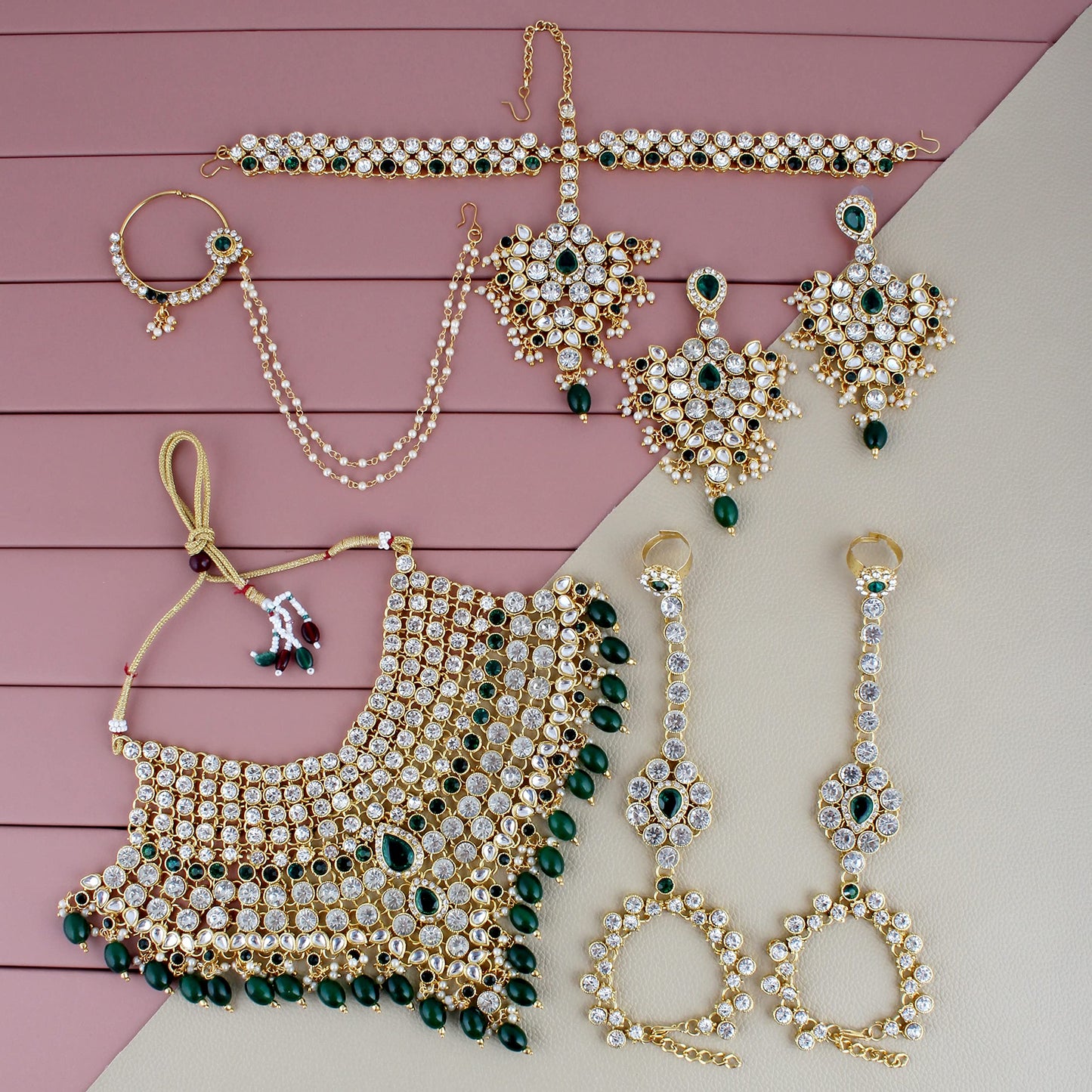 Lucky Jewellery Wedding Designer Green Color Gold Plated Dulhan Choker Bridal Set for Girls & Women (2475-L1ZS-KD124-G)