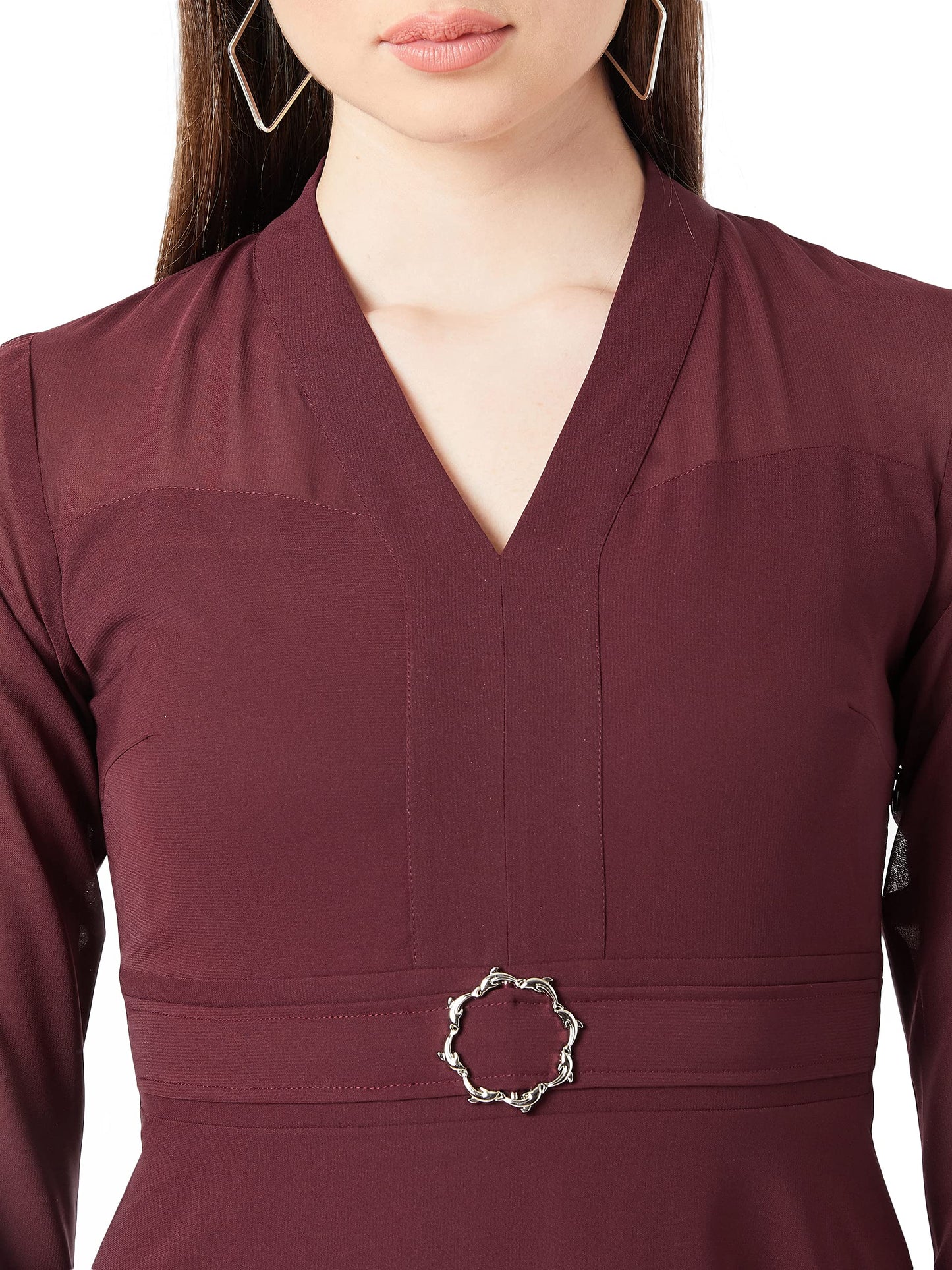 Miss Chase Women's Wine Red V-Neck Full Sleeve Solid Fit & Flare Midi Dress(MCSS20D14-39-184-03_Maroon_S)