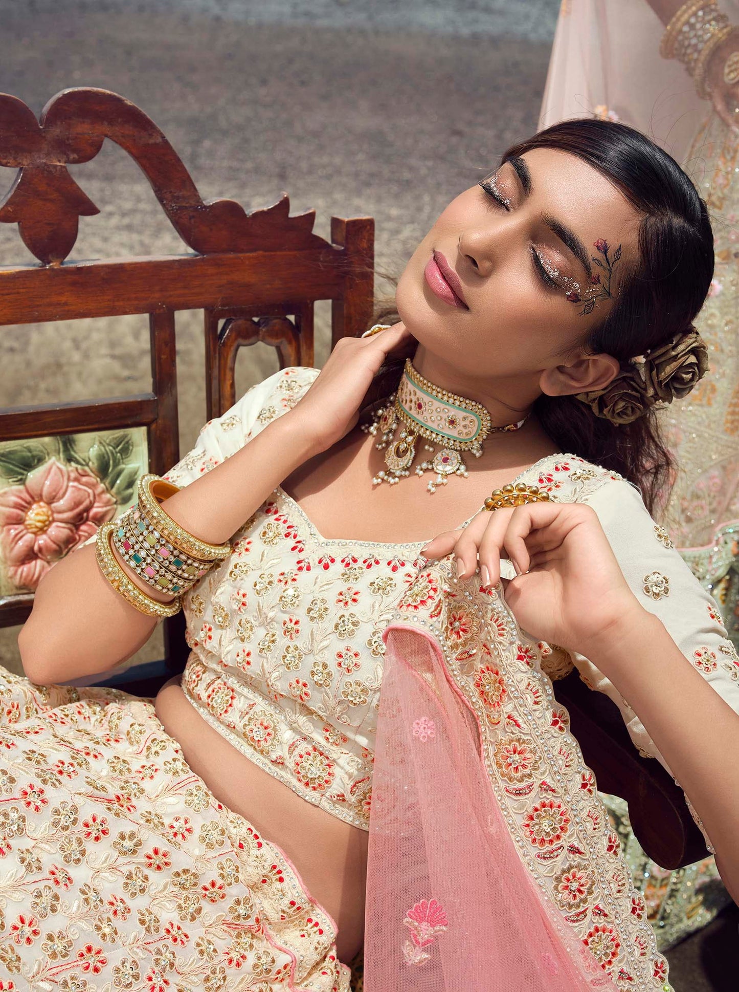 FUSIONIC Alluring White color organza base zarkan work lehenga choli For Women