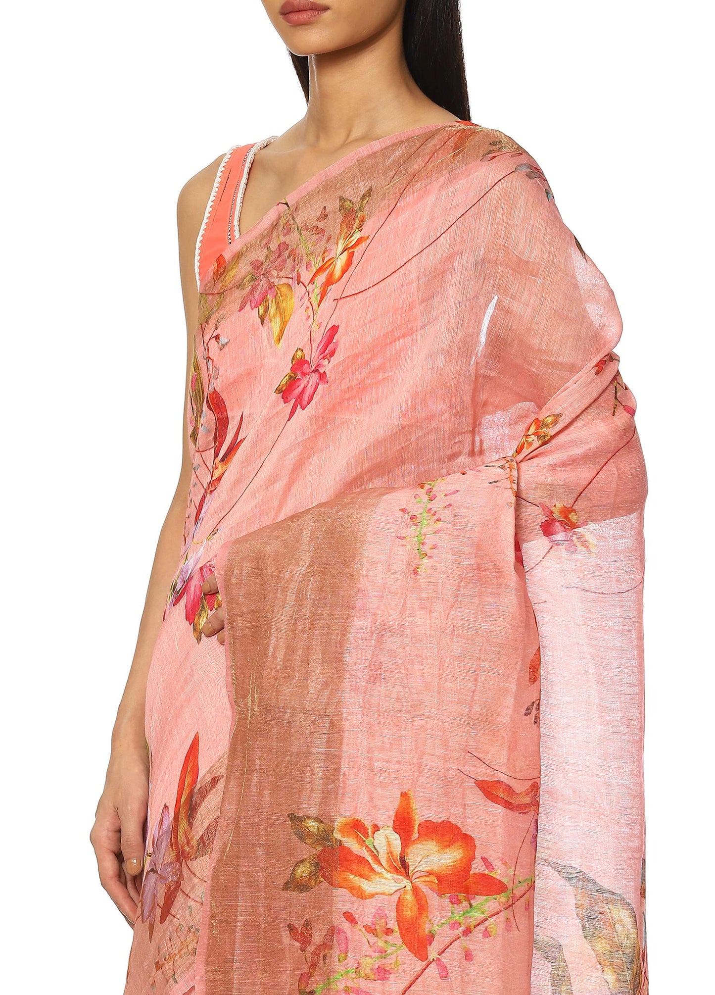 Satya Paul Linen Pink Peach Printed Silk Saree for Women