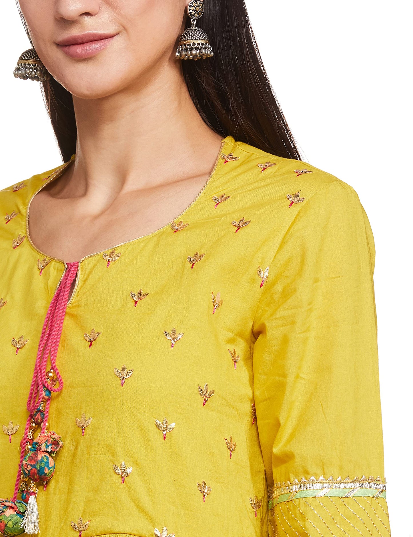 BIBA Women Cotton SOLID STRAIGHT SALWAR KURTA DUPATTA(SKD7670_LIME GREEN_36)