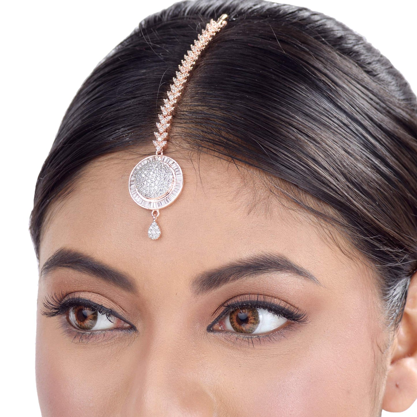Saraf RS Jewellery-Unique Diamond clustered Maang Tikka round shaped Rose AD studded for Women & Girls