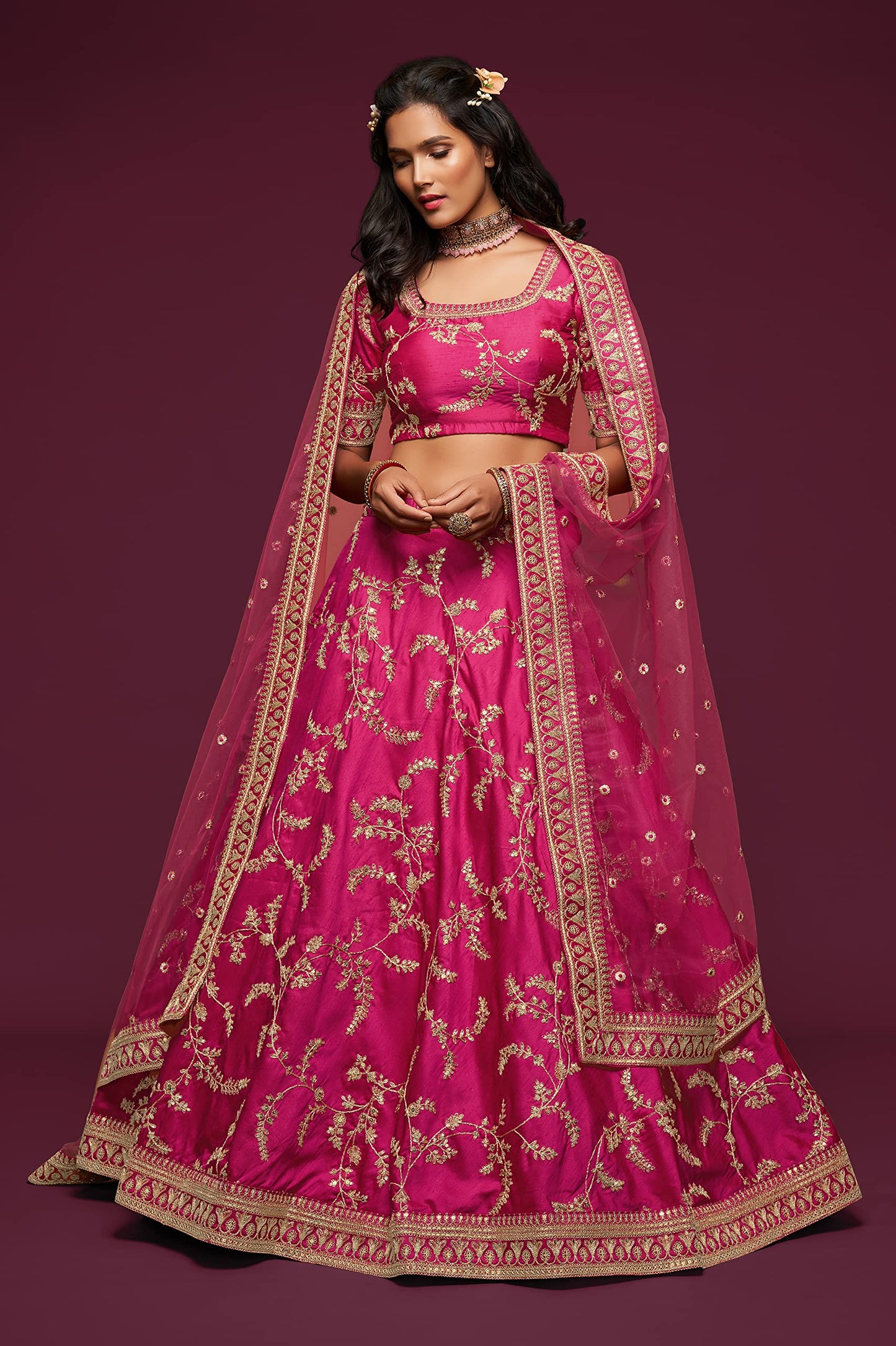 Zeel Clothing Women's Art Silk Semi-Stitched Lehenga Choli with Dupatta (7806-Pink-Wedding-Bridal-Latest-Lehenga; Free Size) (Pink)