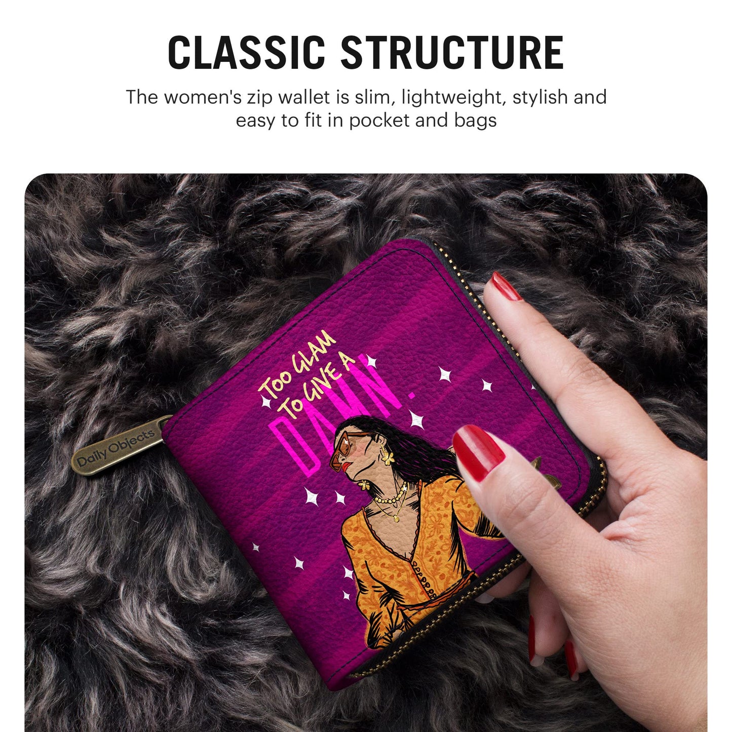 DailyObjects Glam No Damn Women's Wallet | Made with Vegan Leather Material - Holds up to 8 Cards - Slim and Easy to Fit in Pocket | Coin Pocket with Button Closure- Multicolour