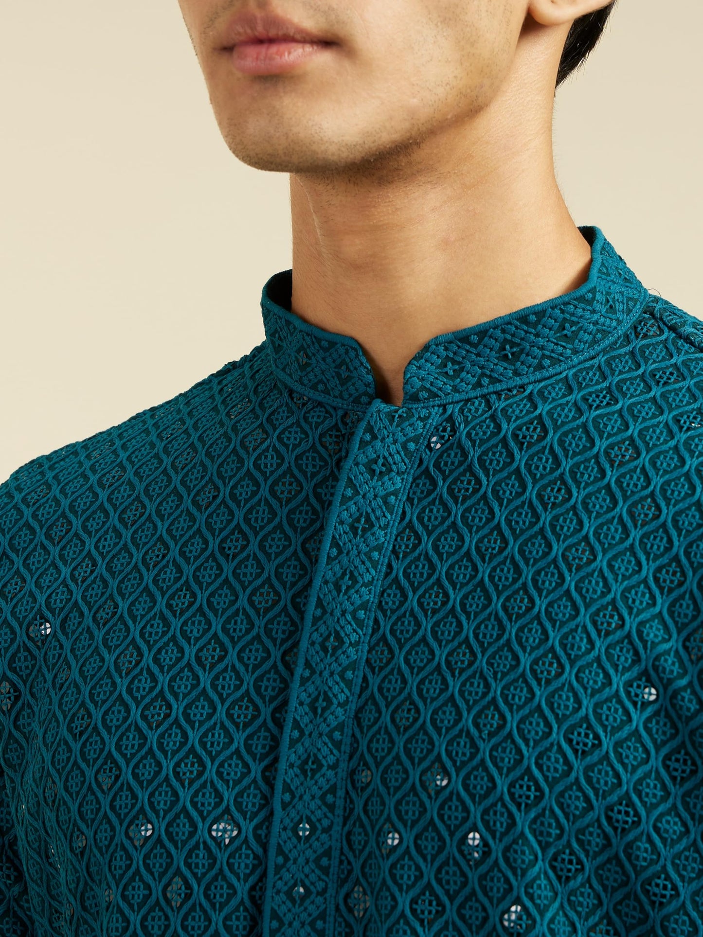 DIWAS BY MANYAVAR Men's Viscose Embroidery|Sequin Work Kurta Set (Teal Green,S)