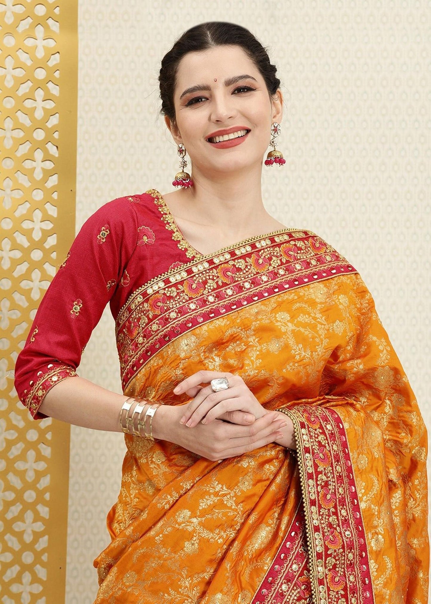 TRENDMALLS Women's Pure Silk Embroidery Saree with Unstitch Blouse Piece (K1113-Orange)