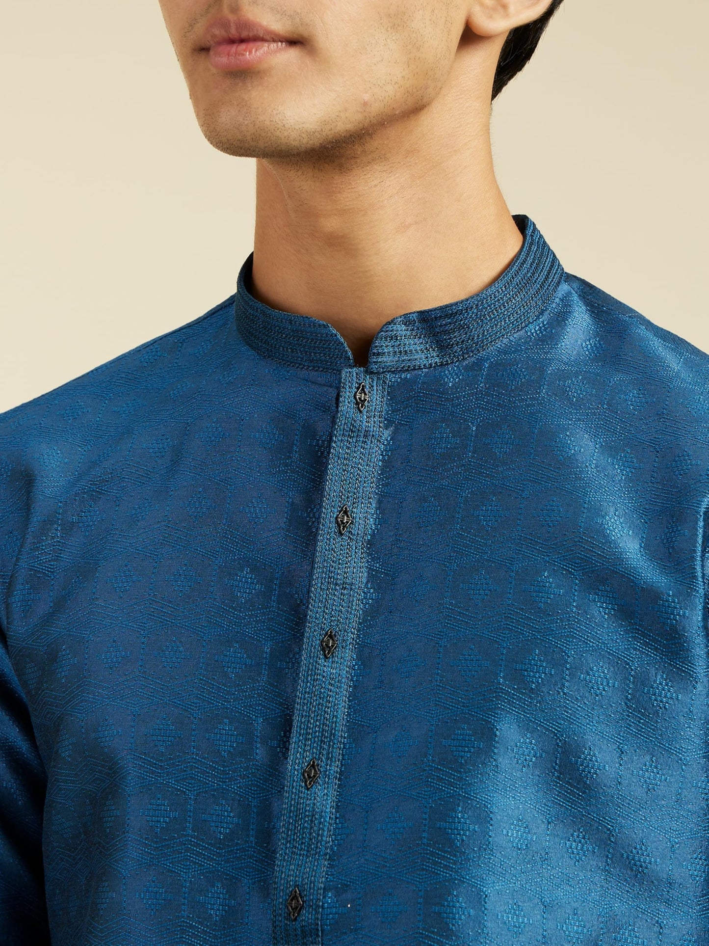 DIWAS BY MANYAVAR Men's Art Silk Jacquard| Self Design Kurta (Teal Blue,XL)