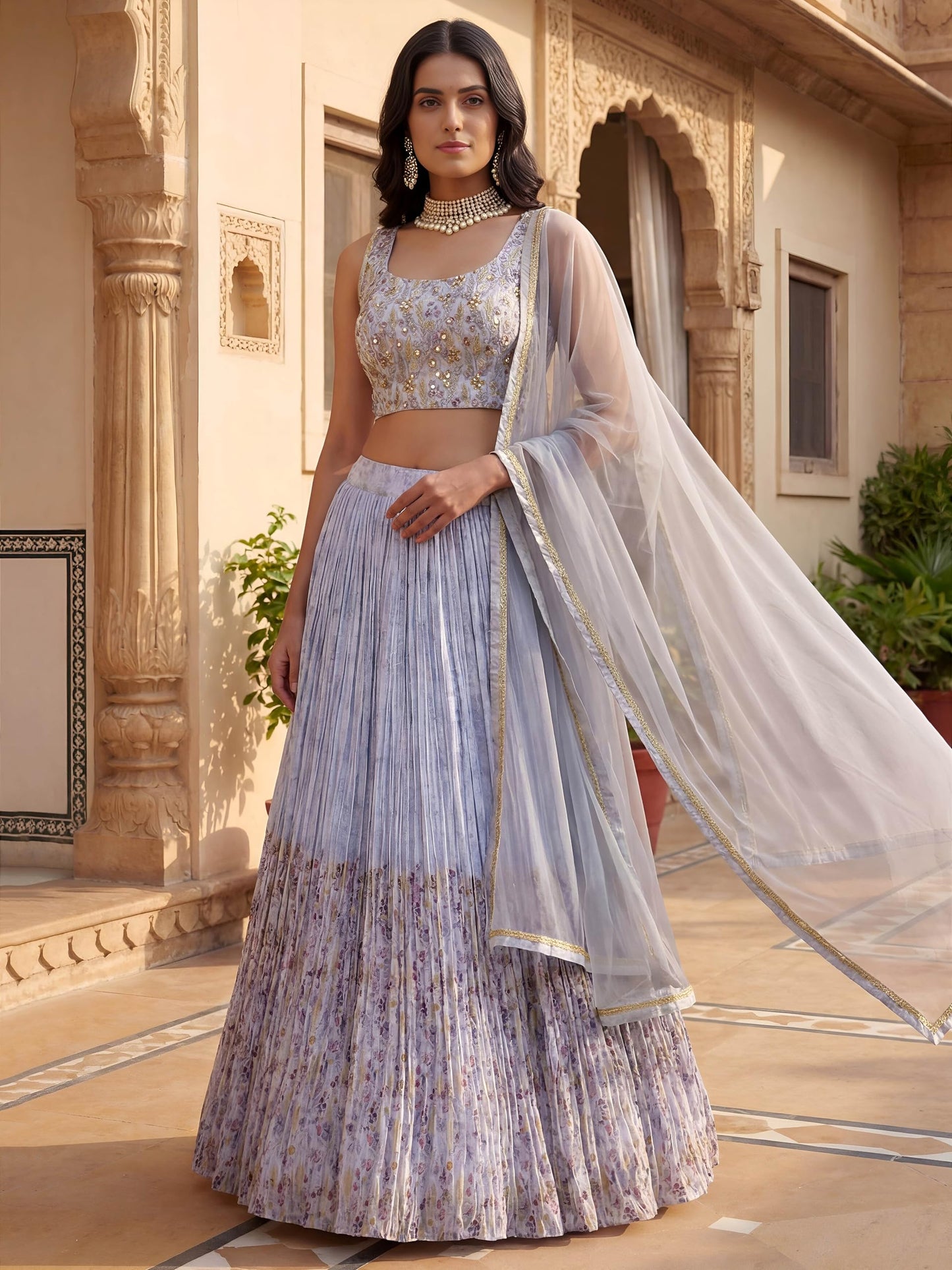 Zeel Clothing Digital Print Mirror Hand Work Georgette Lehenga Choli with Dupatta (5100-Blue-Women-Stylish-Lehenga-Choli; Free Size)
