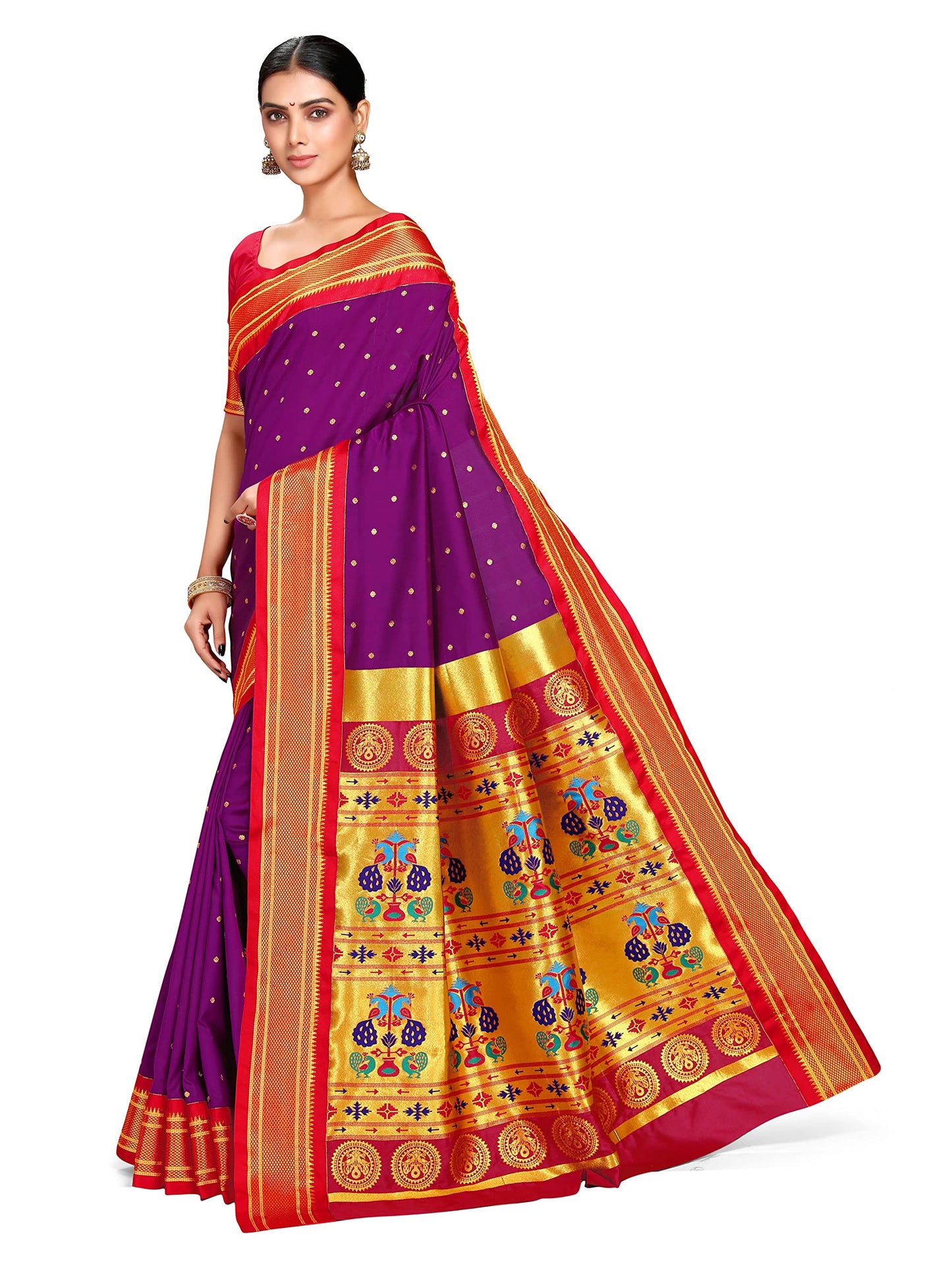 Varkala Silk Sarees Women's Paithani Soft Silk Kadiyal Maharani Saree With Blouse Piece (V241A104_Purple)