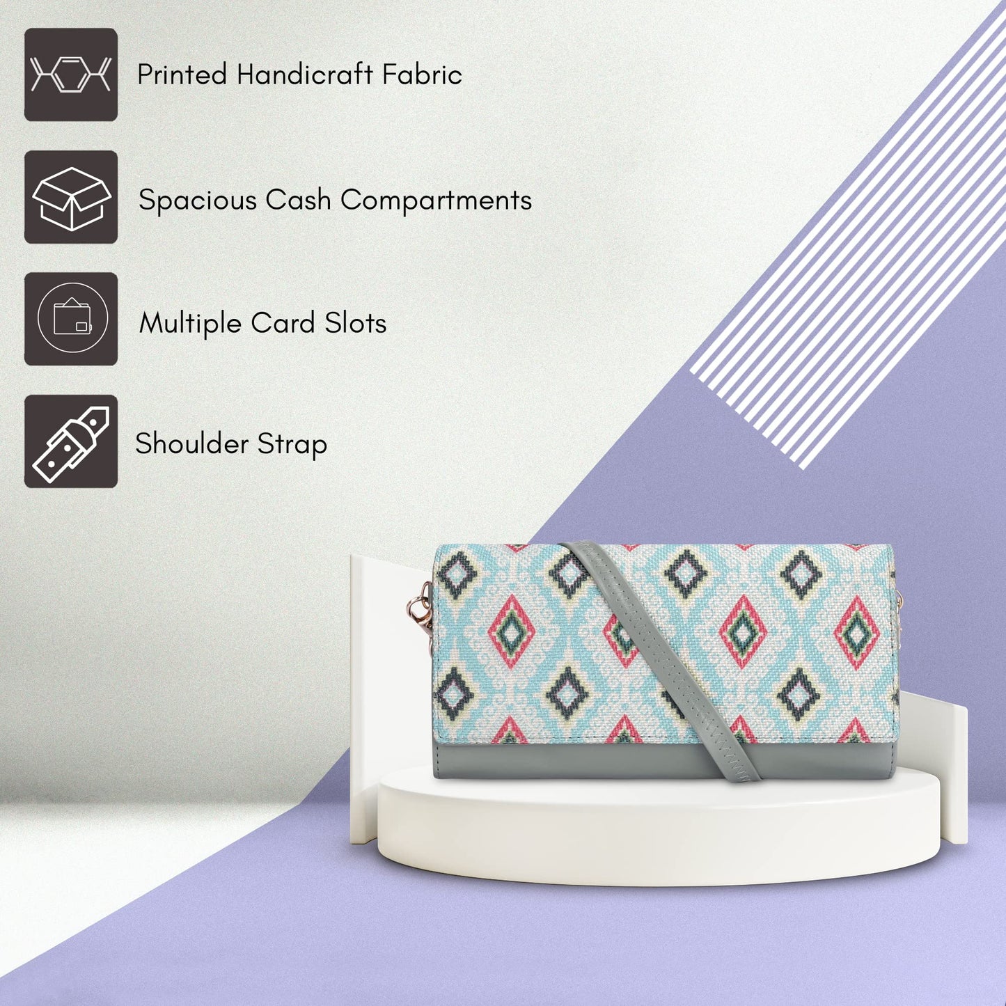 THE CLOWNFISH Jolene Printed Handicraft Fabric & Vegan Leather Women's Wallet Purse Sling Bag with Multiple Card Slots (Skyblue-Diamond)