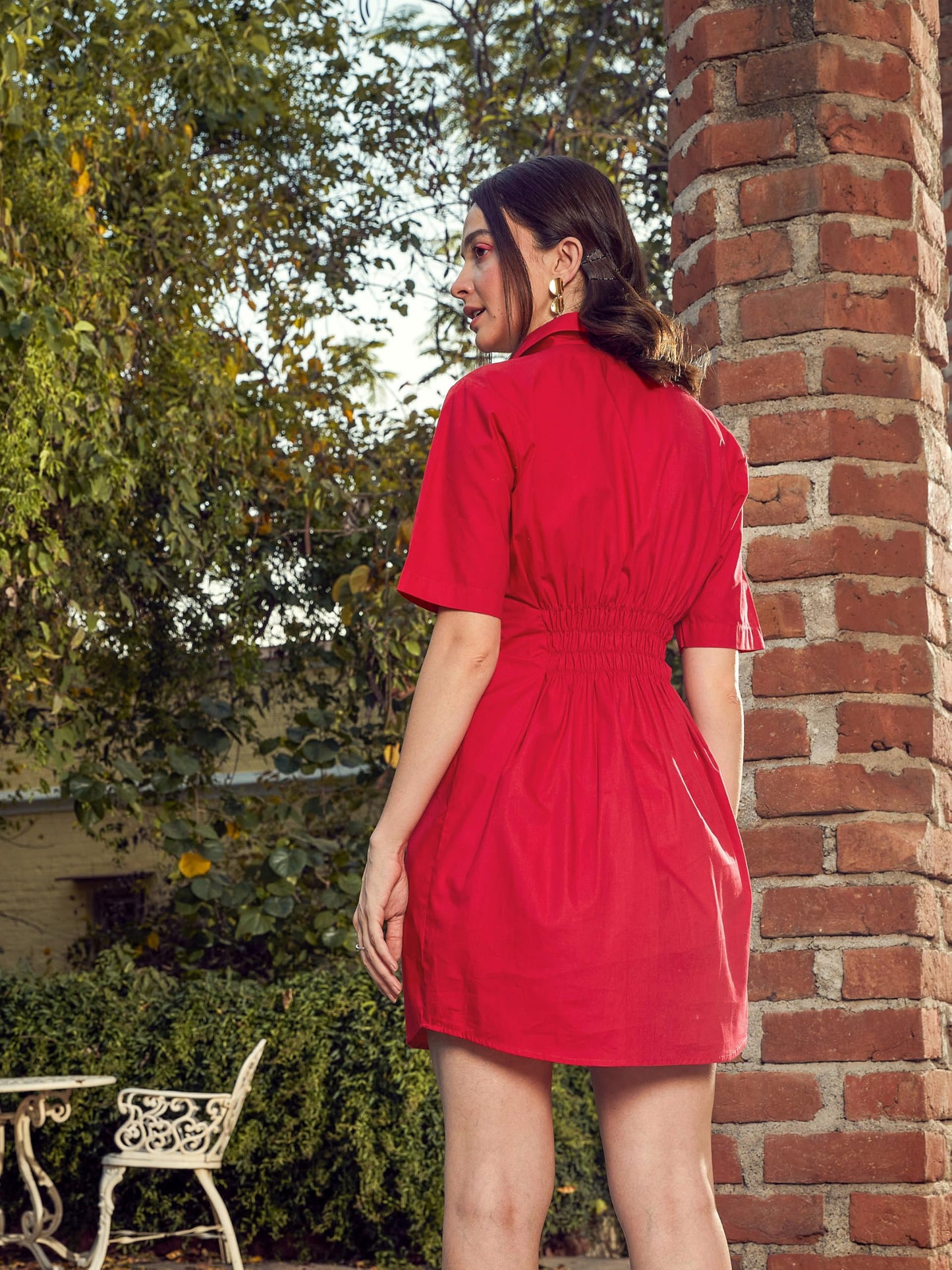 SASSAFRAS Women's Poplin Shirt Dress Above The Knee SFDRSS-V002_Red