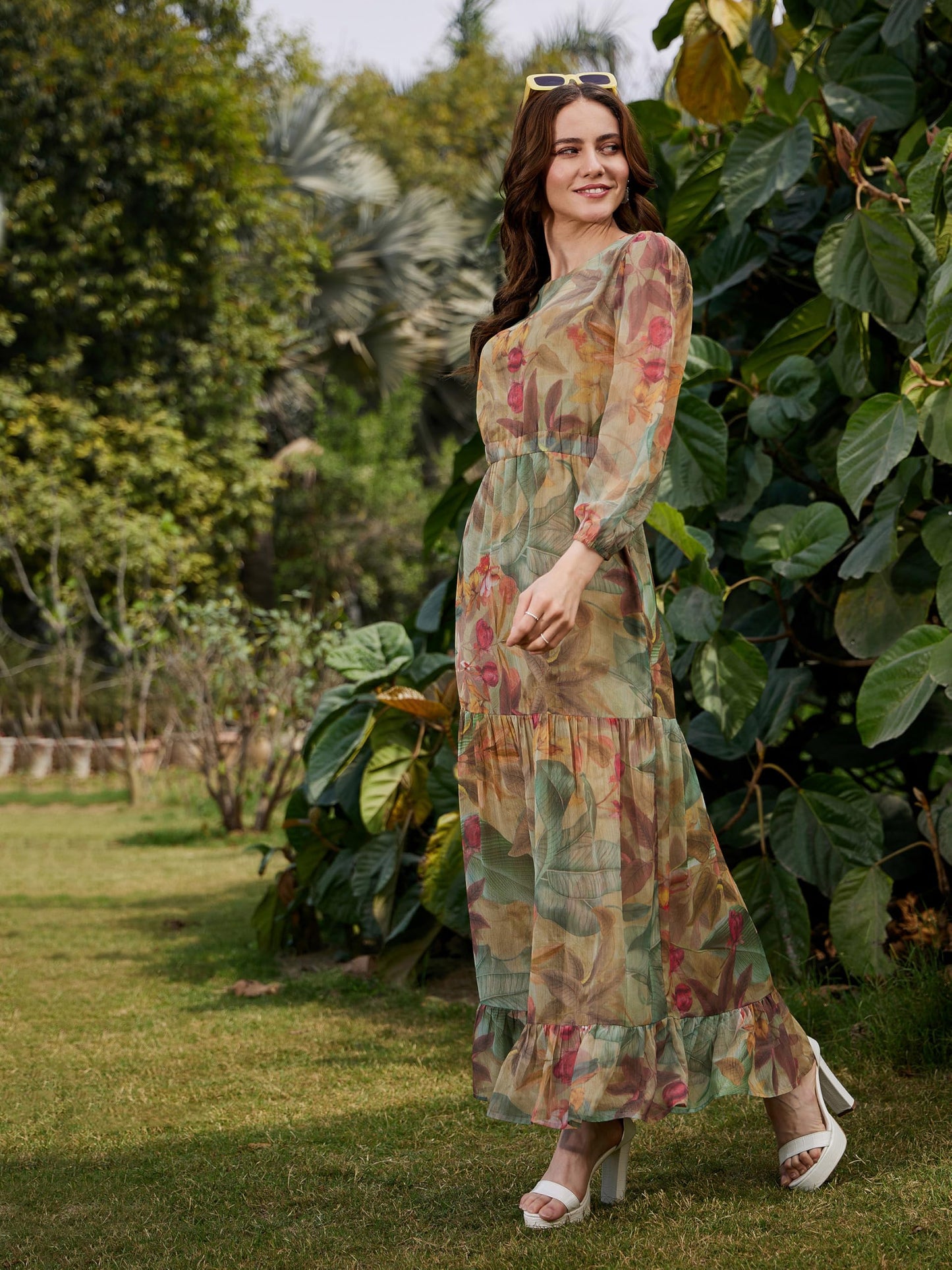 SASSAFRAS Women's Chiffon Maxi Length Dress (SFDRSS11172_Green_L)