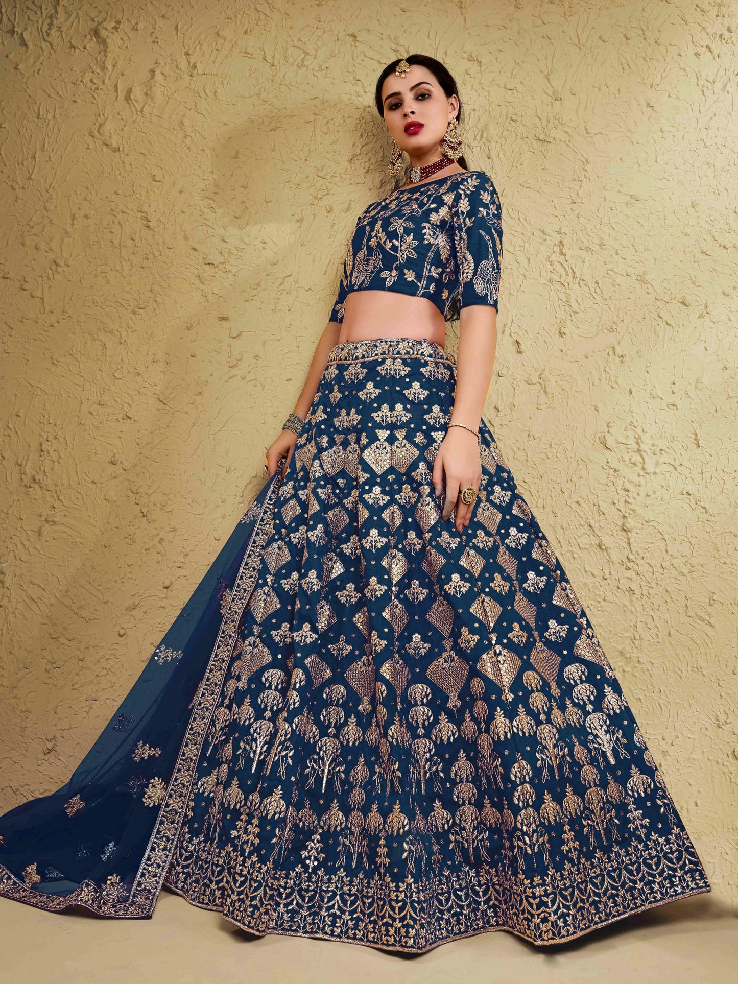 Zeel Clothing Women's Silk Semi-stitched Thread Sequins Embroidery Bridal New Lehenga Choli with Dupatta (7055-Blue-Wedding-Bridal-Stylish-Latest; Free Size)