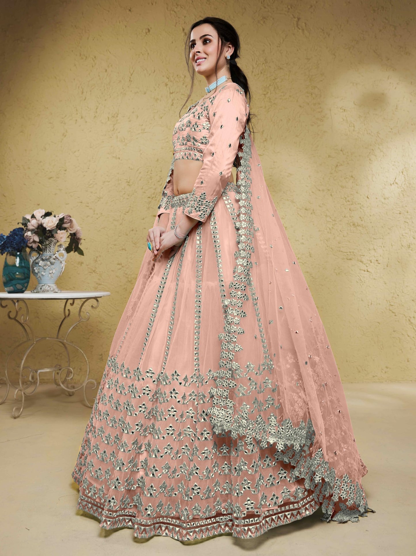 Zeel Clothing Women's Net Semi-stitched Foil Embroidered Lehenga Choli With Dupatta (5029-Pink--Lehenga-Choli-Latest,Free size)