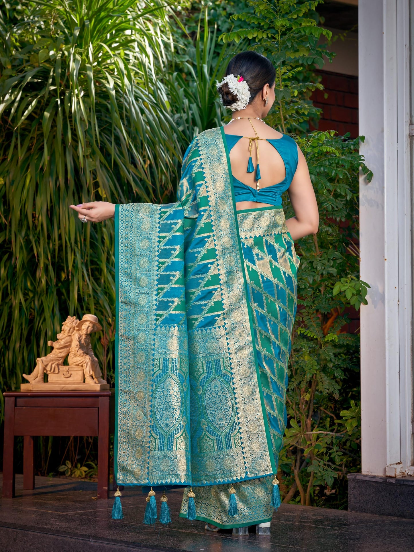 MANOHARI Women's Most Trendy Banarasi Satin Silk Woven Turquiose Blue Saree With Heavy Jacquard Work Saree With Blouse Piece_MN2042