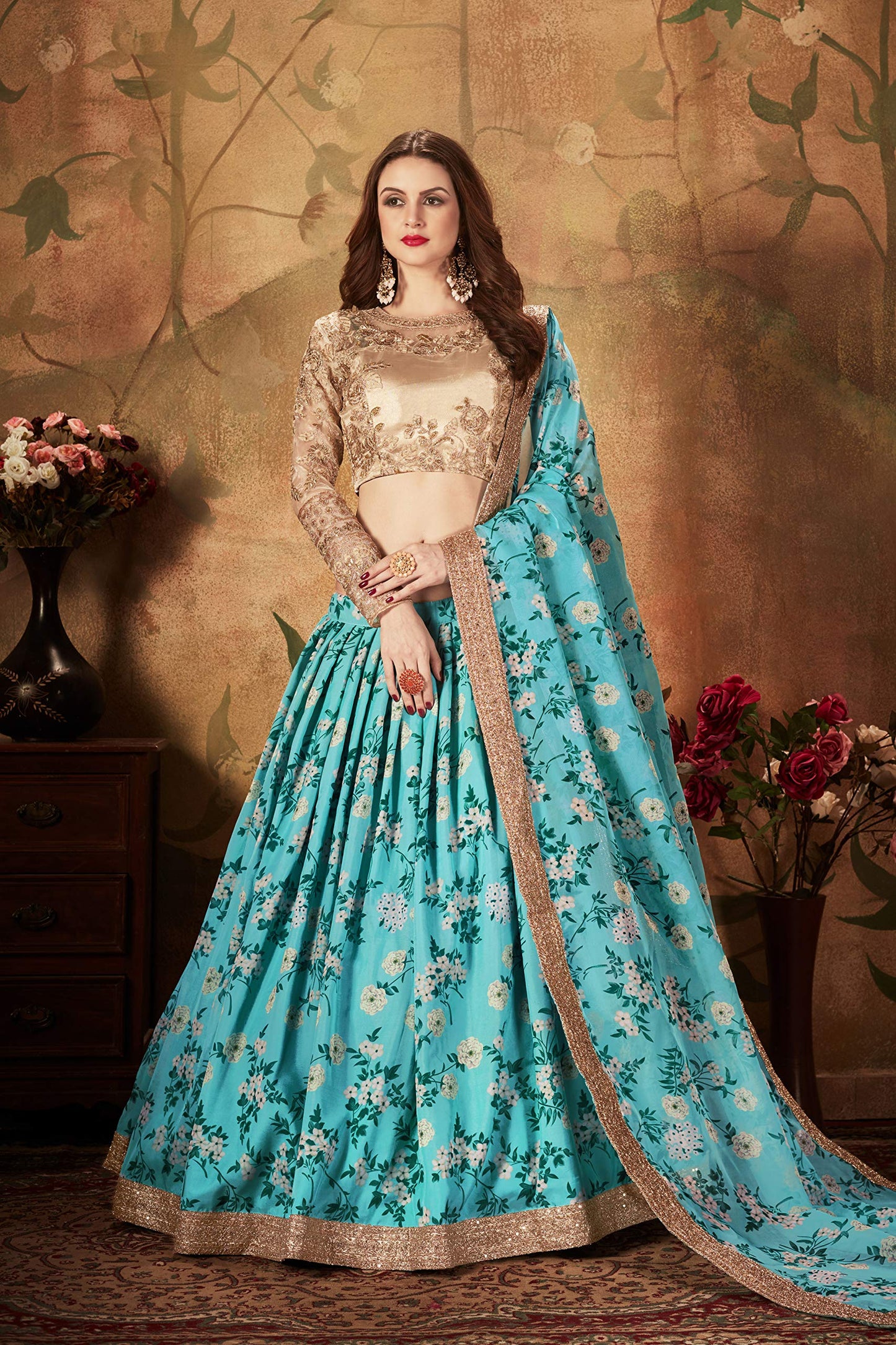 Zeel Clothing Women's Organza Dress Material Semi Stitched Lehenga Choli (7027-Blue-Wedding-Floral-Lehenga_Sky Blue_Free Size), Customizable Length