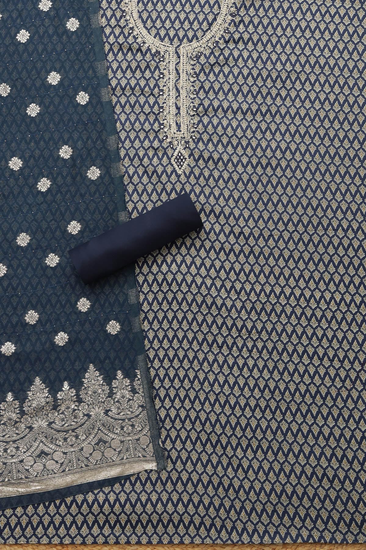 Soch Womens Navy Blue Jam Cotton Floral Print Unstitch Dress Material With Thread Work