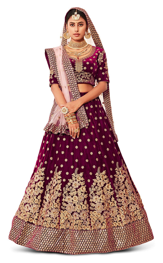 Zeel Clothing Women's Velvet Semi stitched Lehenga Choli (7702-Wedding-Bridal-Lehenga-Latest_Purple_Free Size)