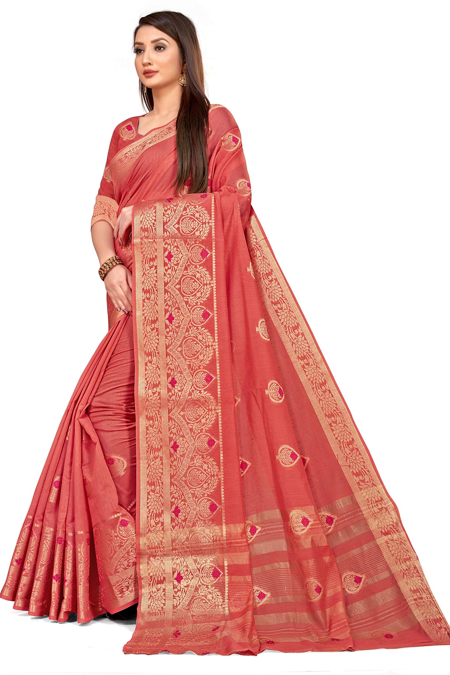 leeza store Women's Pink Cotton Linen Zari Butta Banarasi Saree With Unstitched Blouse Piece