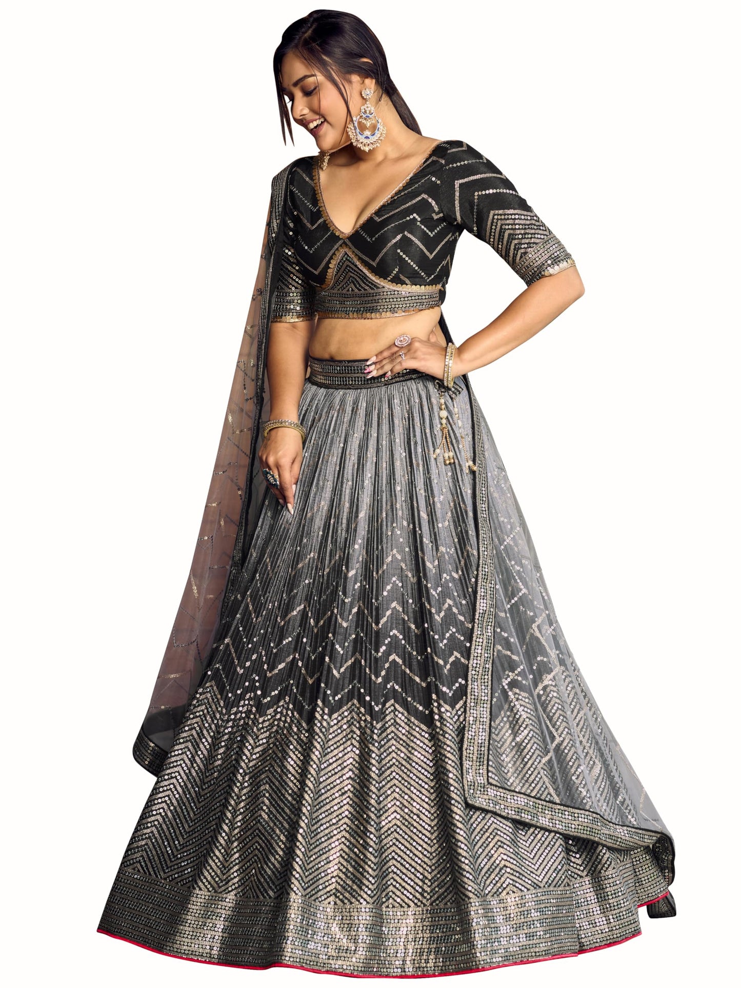 Zeel Clothing Women's Zari & Sequins Embroidered Art Silk New Semi-Stitched Lehenga Choli With Dupatta (5057-Black-Womens-Lehenga-Choli-Latest; Free Size)