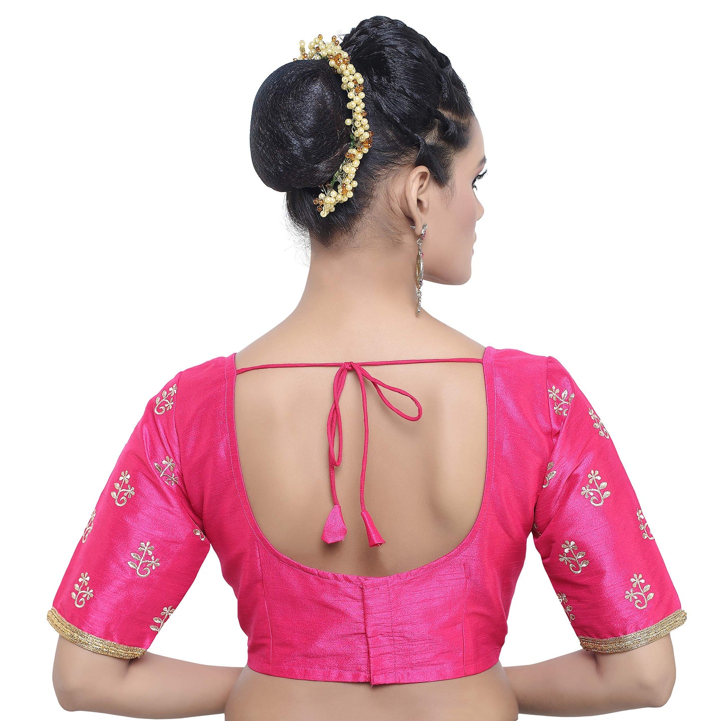 Madhu Fashion Women's Poly Raw Silk Readymade Embroidered Saree Blouse (32, Pink)