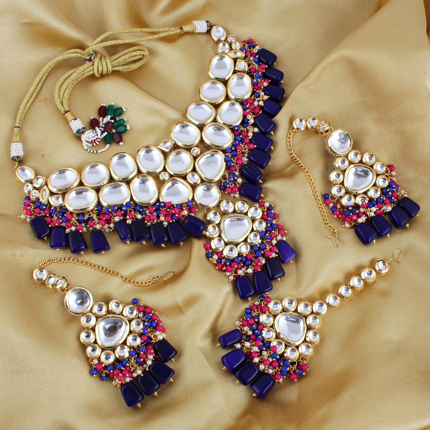 Lucky Jewellery 18K Gold-Plated Back Meenakari Uncut Kundan Choker Necklace | Elegant Blue & Magenta Color Necklace Jewelry Set for Women & Girls (2916-M6SK-1674-BR)