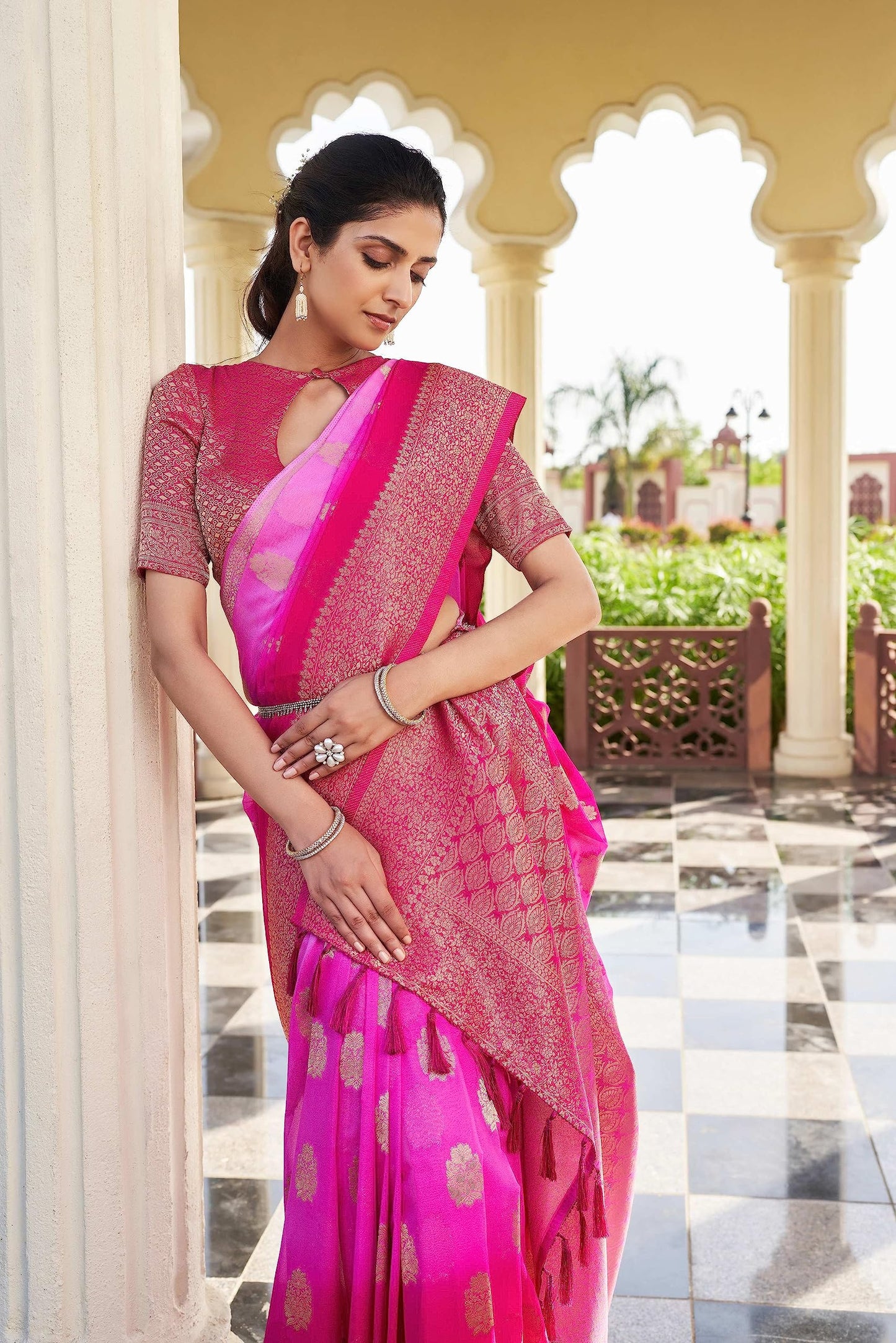 Vardha Women's Banarasi Georgette Saree with Unstitched Blouse Piece - Gold Zari Woven Work Sarees for Wedding (Mahika_676)