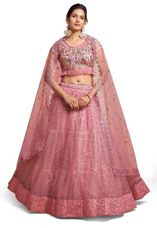 Zeel Clothing Women's Net Embroidered Semi-Stitched Bridal New Lehenga Choli with Dupatta (7313-Pink-Wedding-Girlish-Latest-Lehenga; Free Size)