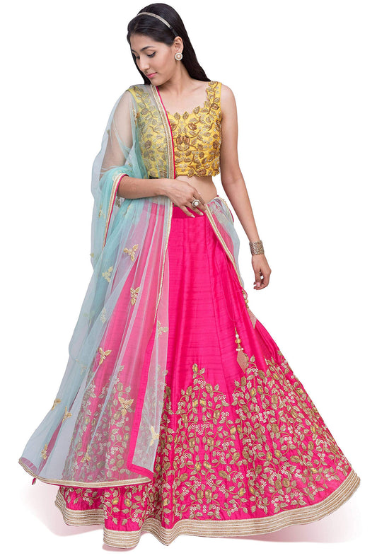 Zeel Clothing Women's Silk Semi stitched Lehenga Choli (7045-Yellow & Pink_Pink & Yellow_Free Size)