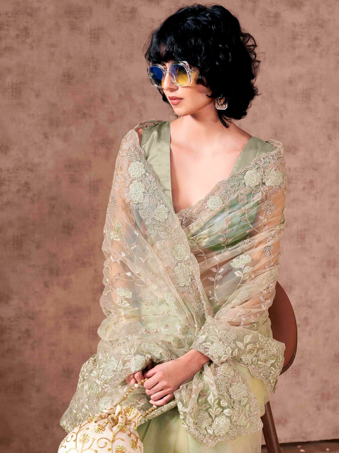 Womanista Women's Women Net Saree ll Women Embroidered saree ll Women Green saree ll Un-stitched blouse saree