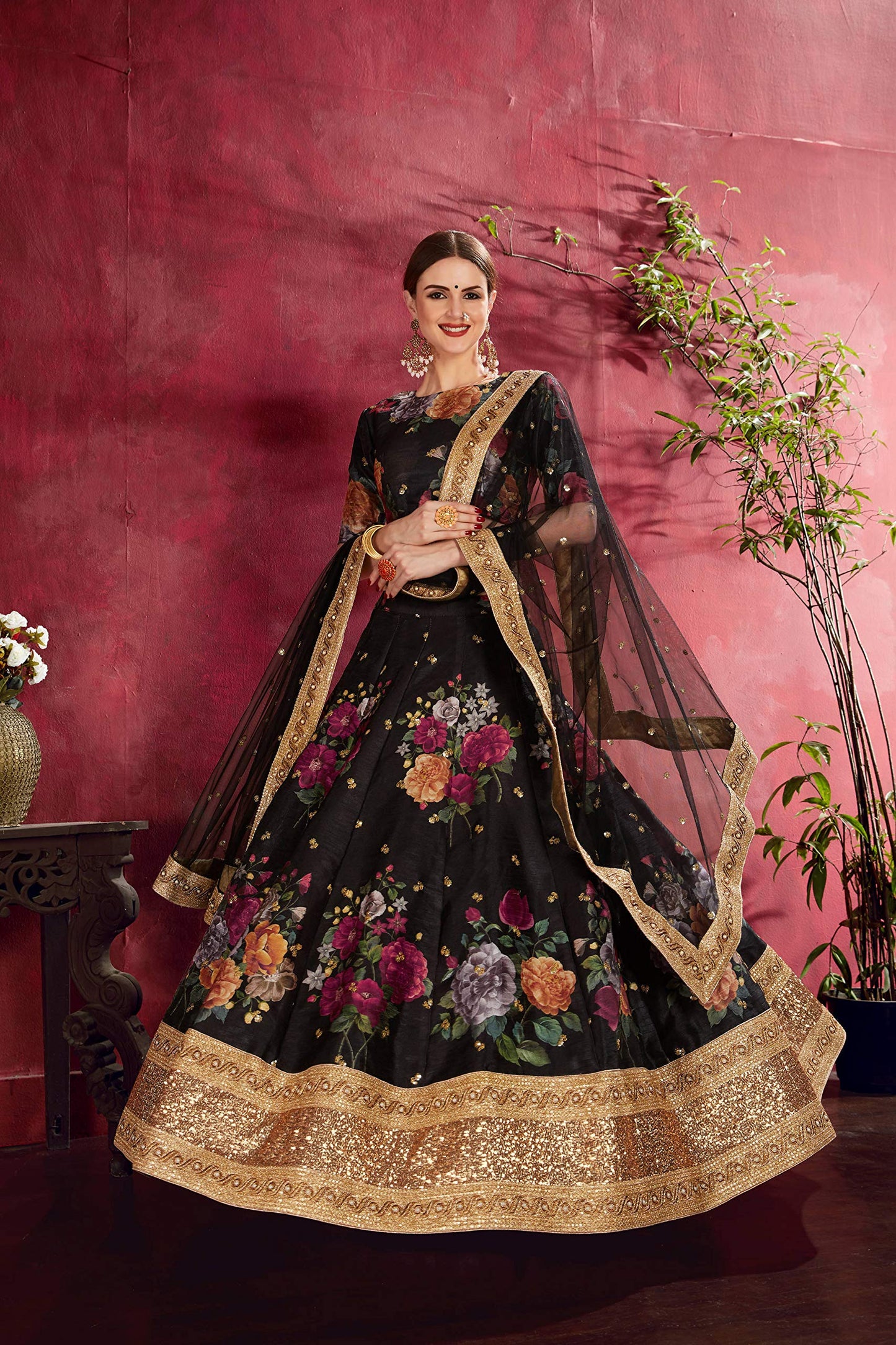 Zeel Clothing Women's Silk Semi-stitched Lehenga Choli (7019-BLACK-Floral-Wedding-Lehenga_Black_New_Free Size)