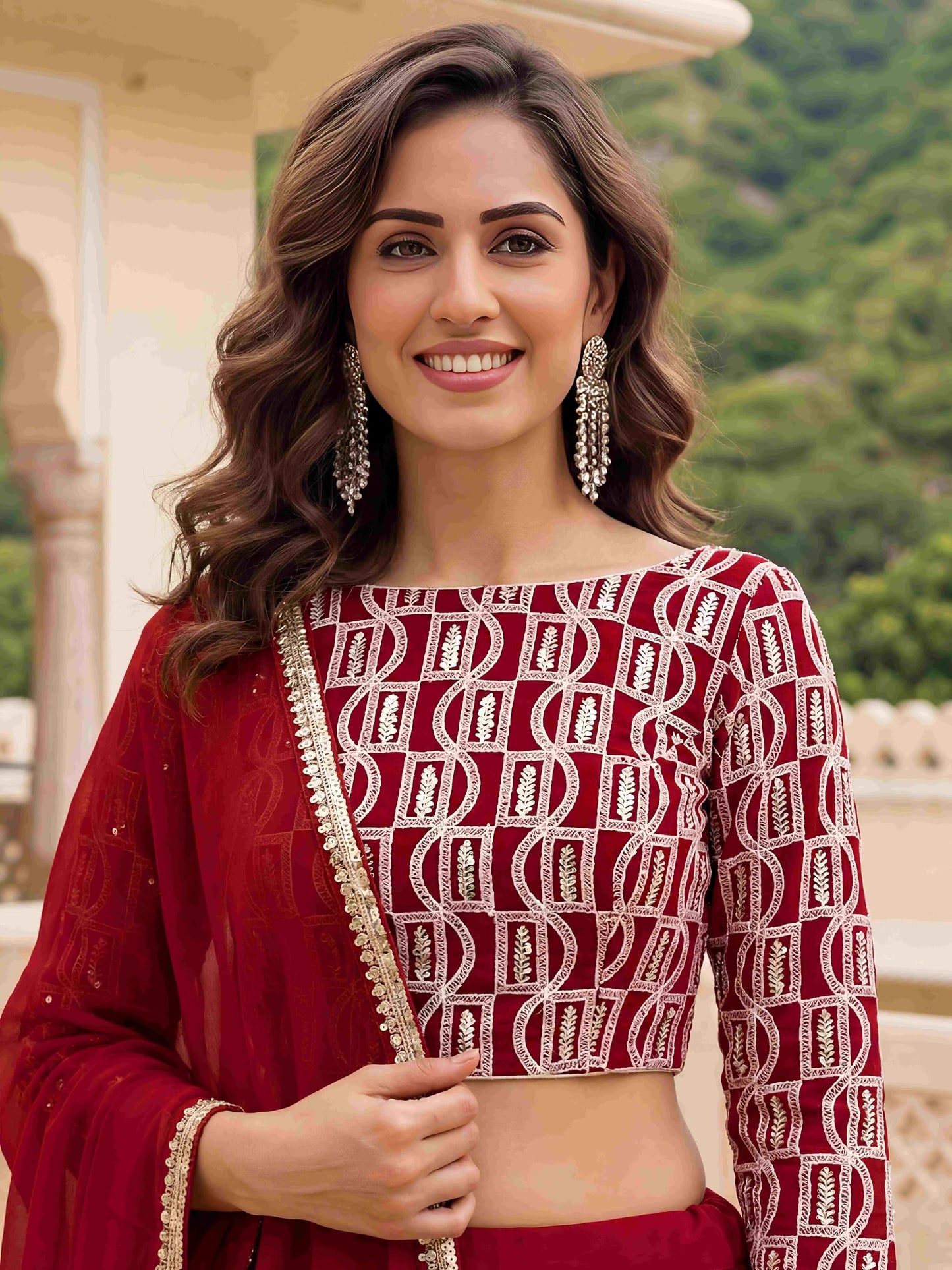 Zeel Clothing Women's Chikankari Sequins Embroidered Georgette Lehenga Choli with Dupatta (5050-Red-Women-New-Lehenga-Choli; Free Size)