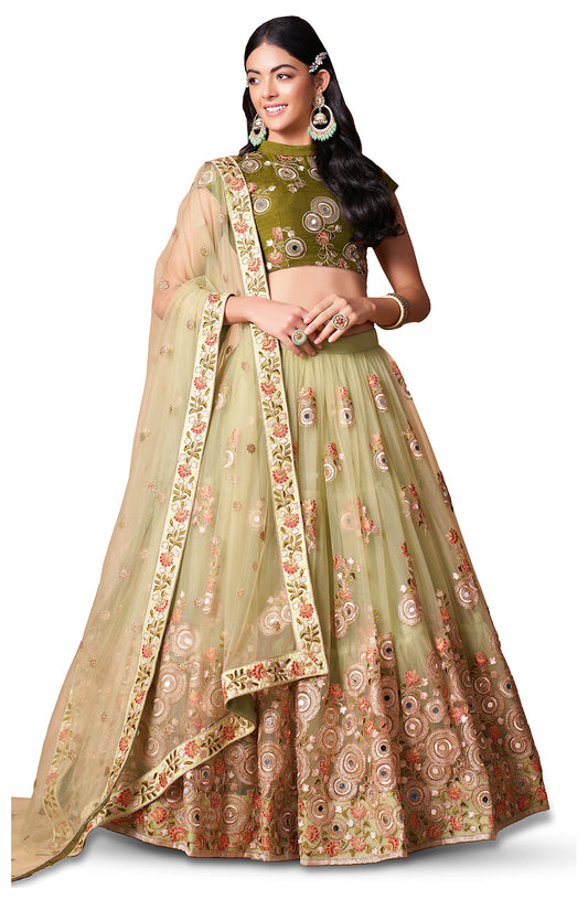 Zeel Clothing Women's Net Embroidered Semi-Stitched Bridal New Lehenga Choli with Dupatta (7326-Pista-Green-Wedding-Bridal-Latest; Free Size) (Pista Green)