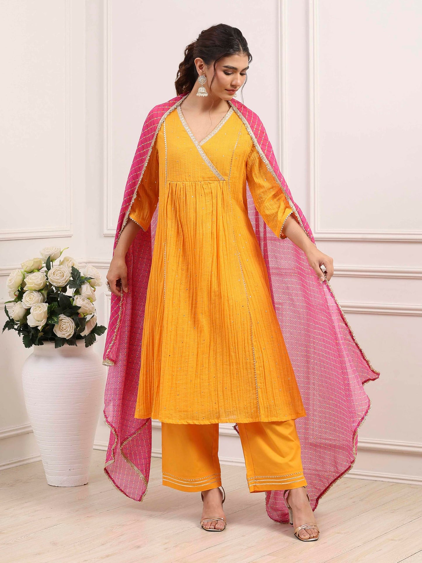 Biba Women Yellow Cotton Anarkali Suit Set_32