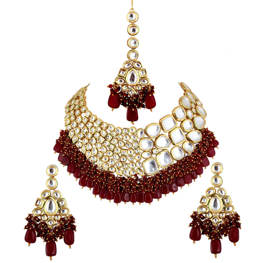 Lucky Jewellery Meenakari 18K Gold plated Maroon color Uncut dibbi Kundan Combo Necklace Set