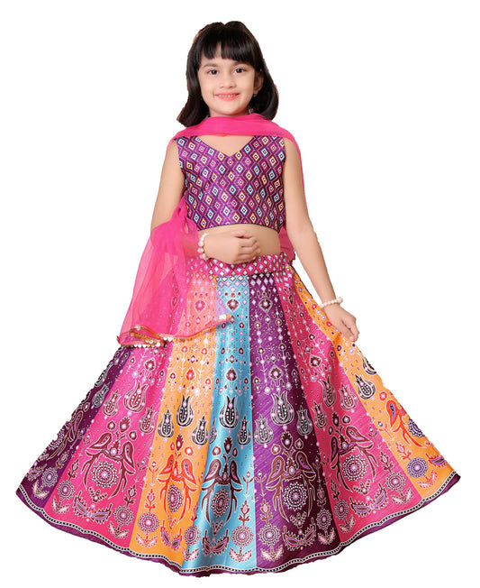 PURVOSH Kids Bandhani Lehenga Choli Set for Girls, Fully Stitched, Readymade, Printed, 6-7 Years to 13-14 Years, Pink (MULTI COLOR 2, 9-10 Years) | Material: Art Silk
