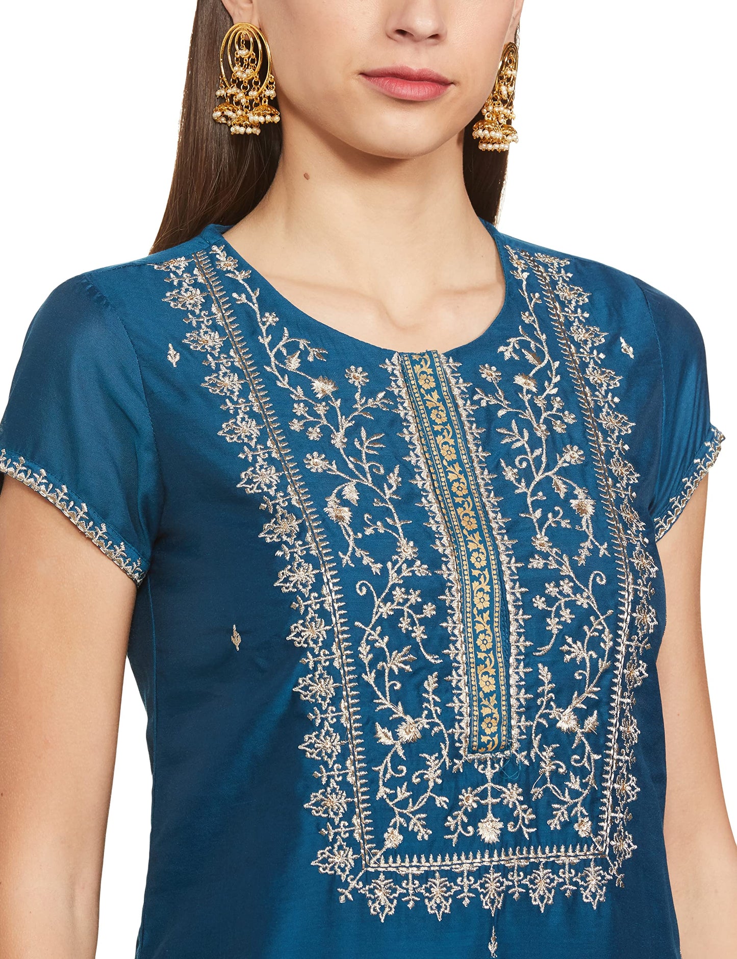 BIBA WOMEN SOLID; EMBROIDRED NARROW SALWAR KURTA DUPATTA(SKDASSORTED7700_TEAL_38)