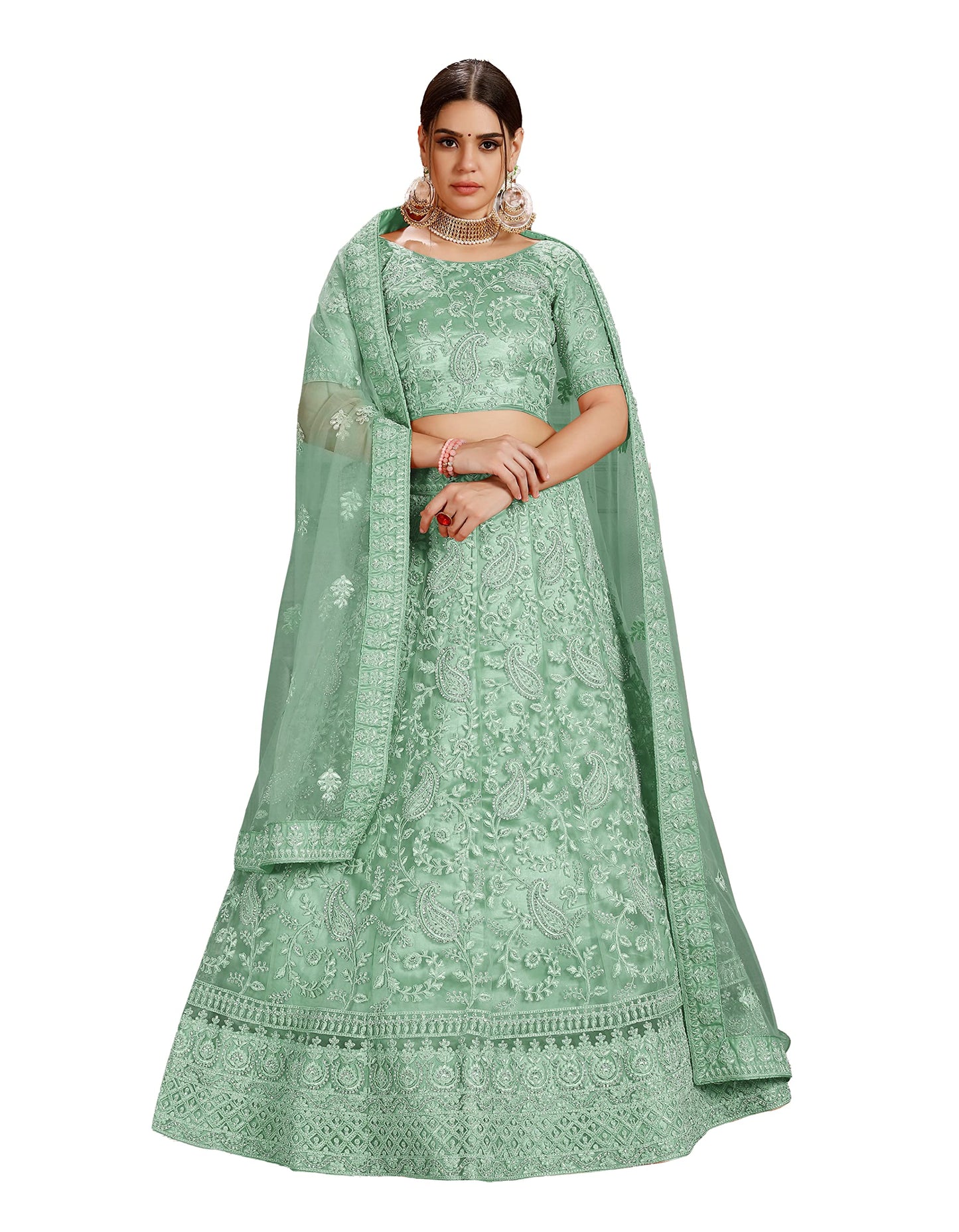 FUSIONIC Fascinating zarkan and pearl work base green lehenga choli For Women