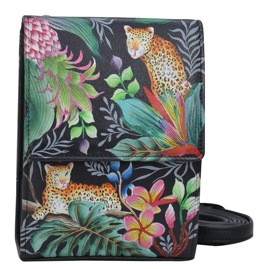 Anuschka Women's Hand Painted Genuine Leather Triple Compartment Crossbody Organiser - Jungle Queen