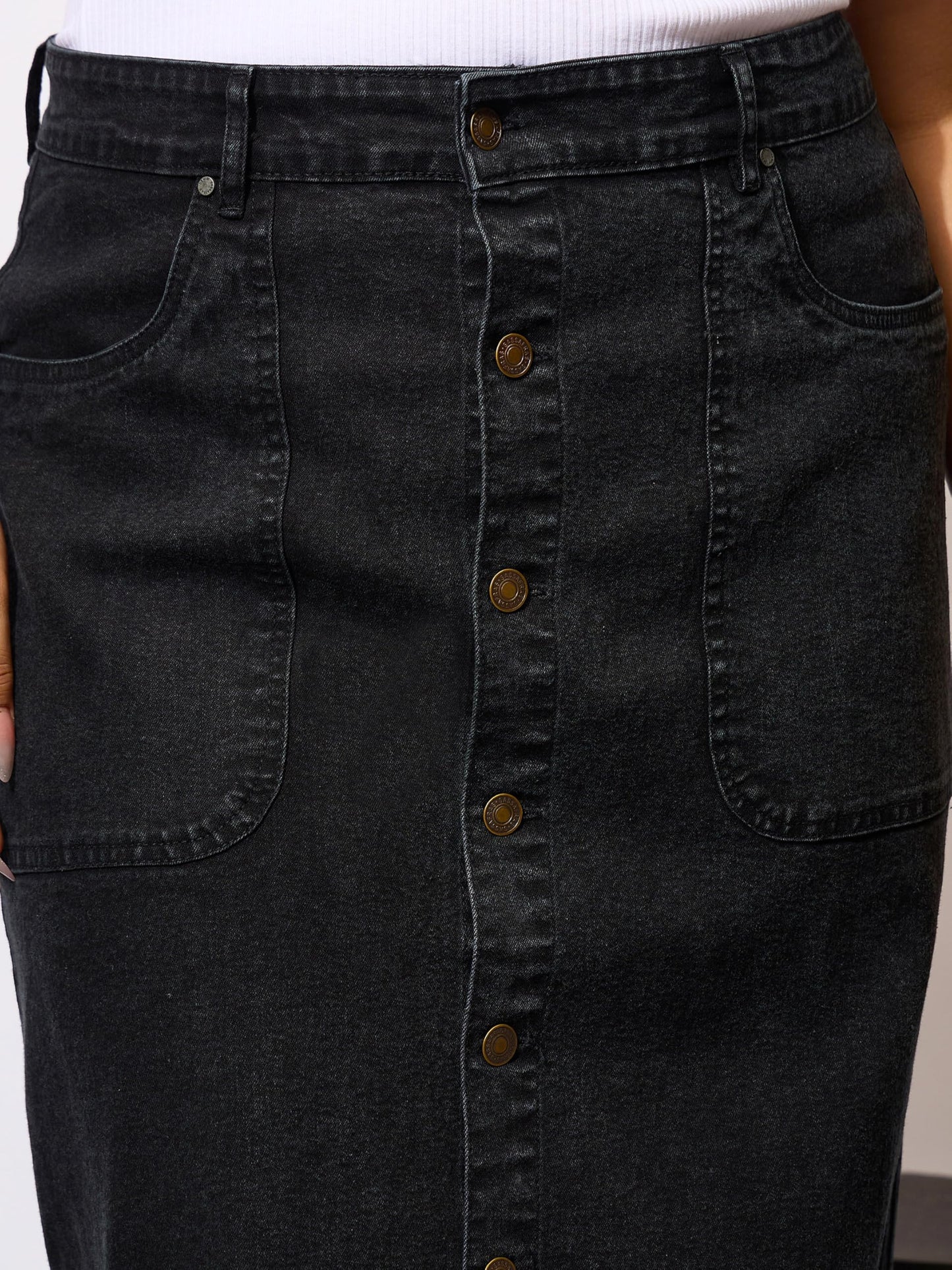 Black Denim Acid Wash Front Button Skirt