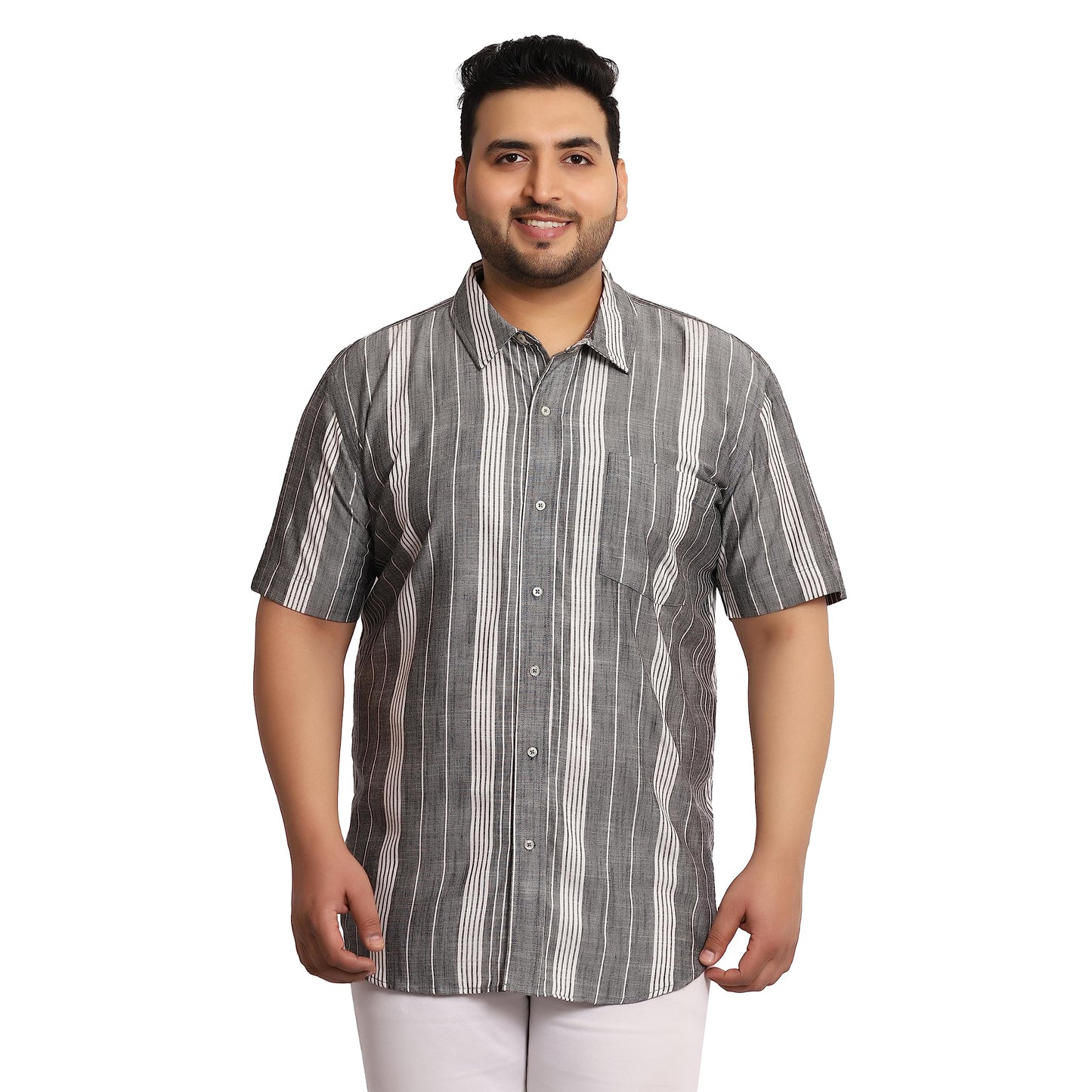Plus Size White &Black Half Sleeve Cotton/Linen Shirt with Patch Pocket (7XL)