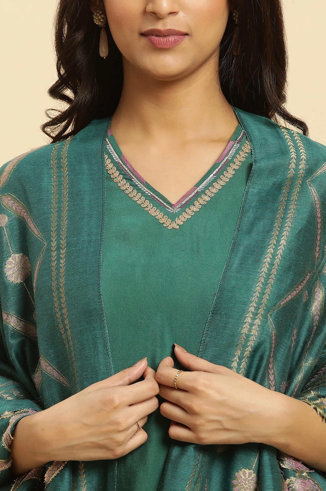 W for Woman Green Solid Kurta, Pants and Jacquard Dupatta_24AUWS19528-220336_S